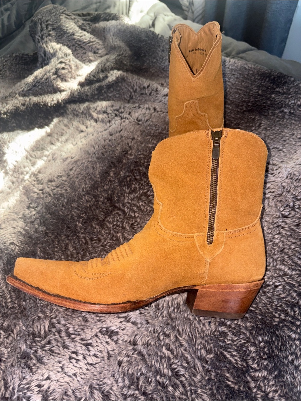 Women's Suede Leather Western Ankle Boots in Tan